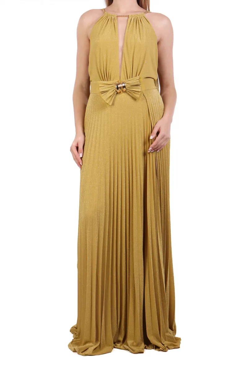 ELISABETTA FRANCHI ΦΟΡΕΜΑ RED CARPET MAXI ΠΛΙΣΕ ΑΝΟΙΓΜΑ ΜΠΡΟΣΤΑ LUREX ΚΙΤΡΙΝΟ