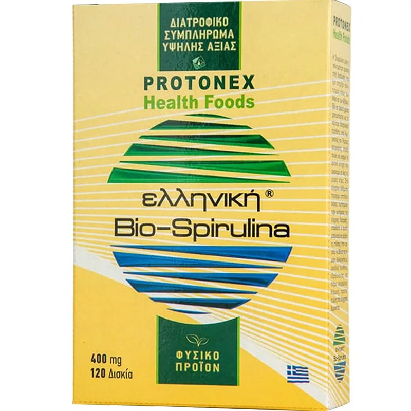Protonex Bio-Spirulina 400mg Συμπλήρωμα Διατροφής Ελληνικής Βιολογικής Σπιρουλίνας για Ενέργεια, Αντοχή & Τόνωση του Οργανισμού 120tabs