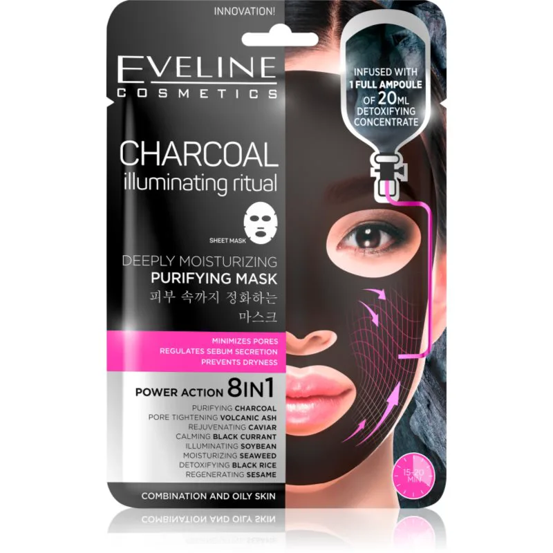 Eveline Cosmetics Charcoal Illuminating Ritual σούπερ ενυδατική καθαριστική υφασμάτινη μάσκα 1 τμχ