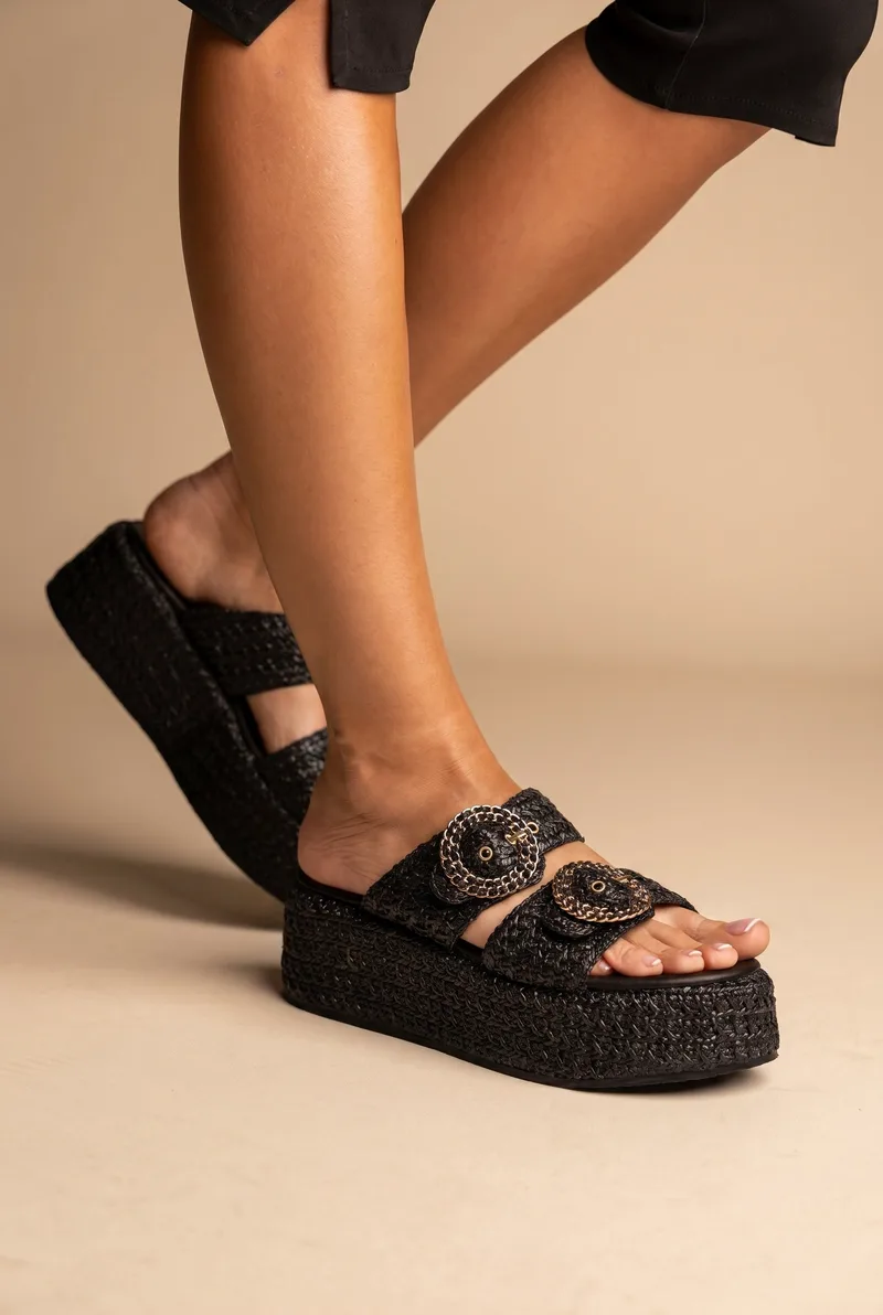 Mariella Fabiani Flatform Sandals - 2614/05 - Black Raffia