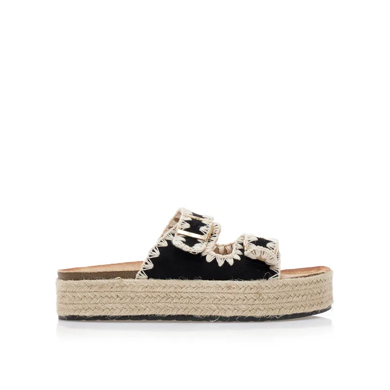Flatforms μαύρα σουέτ και ψάθινα με ρυθμιζόμενη φάσα ΜΑΥΡΟ