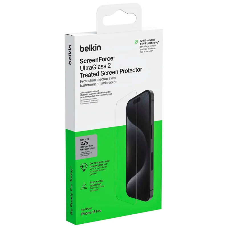 Belkin Screenforce UltraGlass2 Antibacterial Screen Protector for iPhone 15 Pro OVA133zz