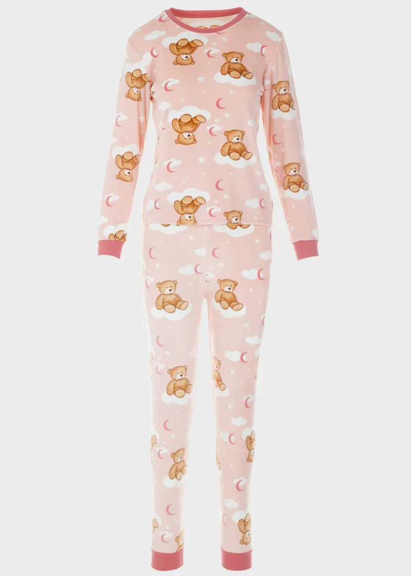 Γυναικεία πιτζάμα coral fleece all print bears. ΡΟΖ