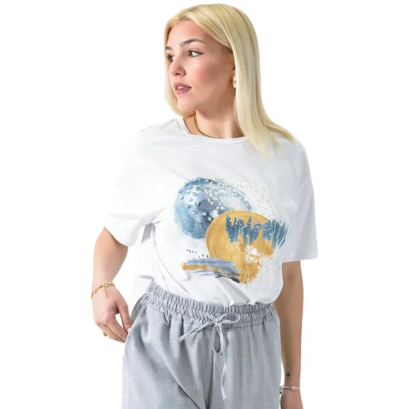 Γυναικείο T-shirt με σχέδιο και στρας Λευκό 26284