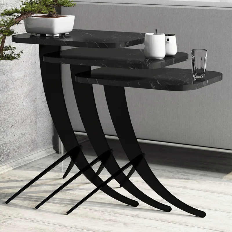 Τραπεζάκια Ζιγκόν (Σετ 3 Τεμαχίων) Pion - Black Marble 845Hct2875 35x45x60 cm