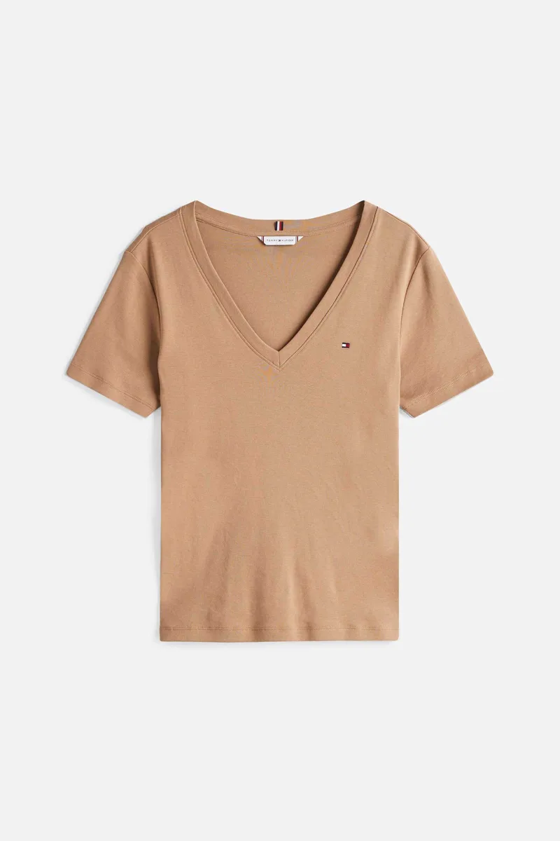Tommy Hilfiger γυναικείο T-shirt με V λαιμόκοψη και κεντημένο λογότυπο Slim Fit - WW0WW40584 Καφέ
