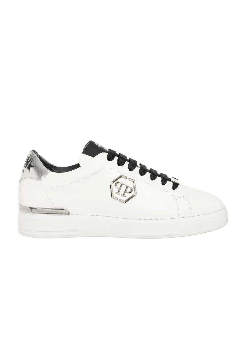 PHILIPP PLEIN ΠΑΠΟΥΤΣΙΑ SNEAKERS LO-TOP LOGO ΜΕΤΑΛΛΙΚΟ HEXAGON ΛΕΥΚΟ-ΜΑΥΡΟ