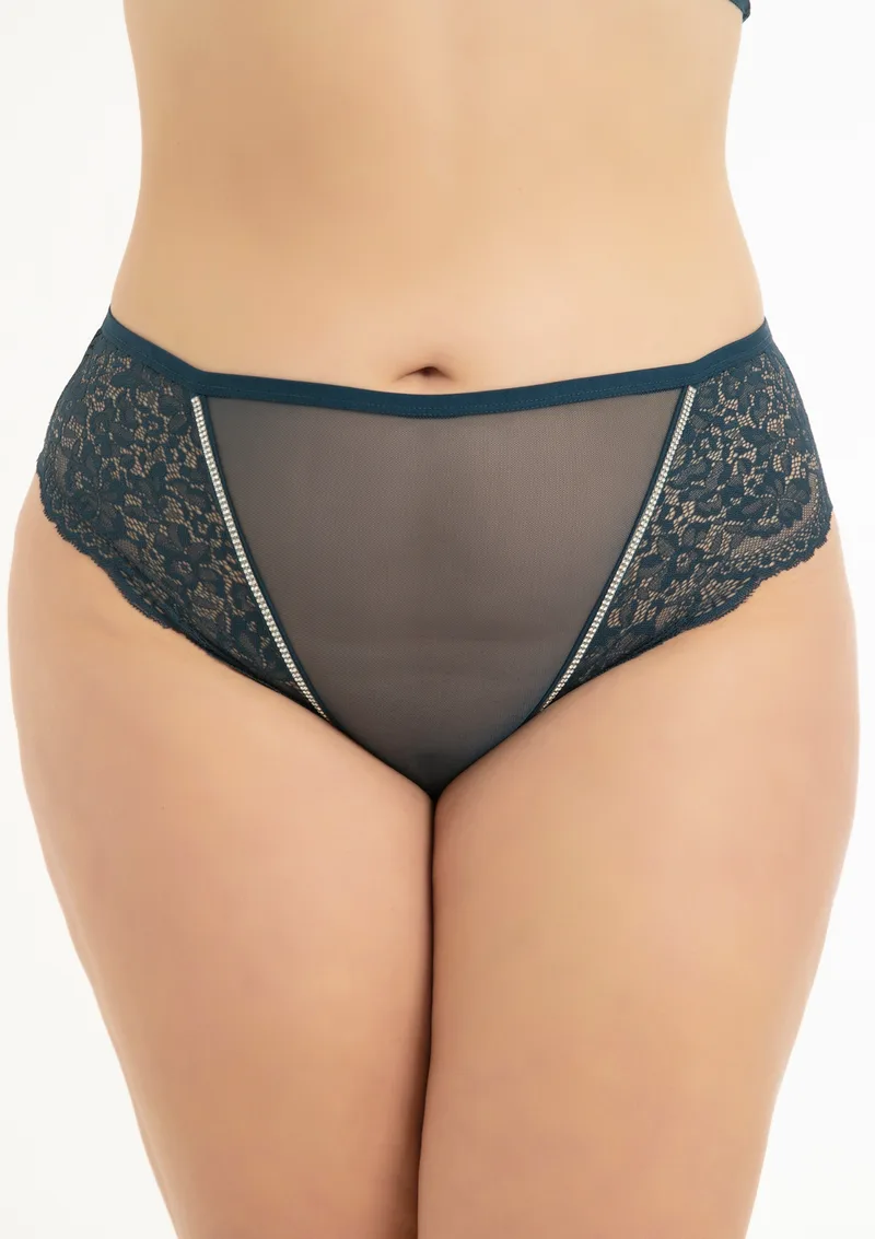 Brazilian Σλιπ Plus Size με Διαφάνεια & Στρας - Πετρόλ