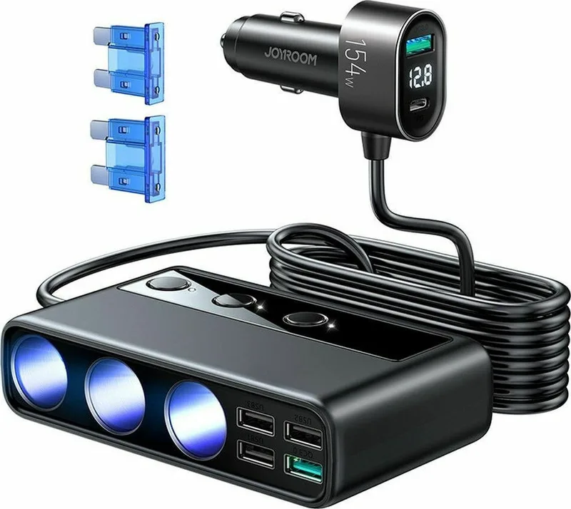 Joyroom Multi-Port Car Charger - Φορτιστής Αυτοκινήτου με 5 x USB / 1 x Type-C / 3 x Υποδοχές Αναπτήρα - QC3.0 - 154W - Black (JR-CL06)