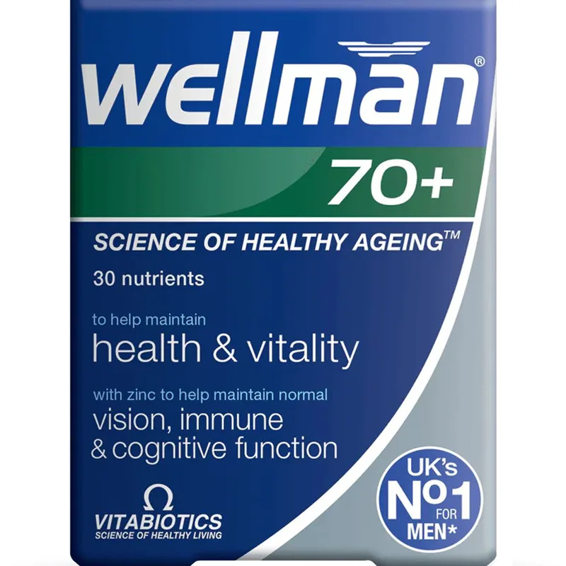Vitabiotics Wellman 70+ Συμπλήρωμα Διατροφής Ειδικά Σχεδιασμένης Φόρμουλας Βιταμινών, Μετάλλων & Εκχυλίσματος Βοτάνων για Άνδρες Άνω των 70 Ετών για την Καλή Λειτουργία της Καρδιάς, Εγκεφάλου, Όρασης Ενίσχυση του Ανοσοποιητικό Συστήματος, Ενέργεια &