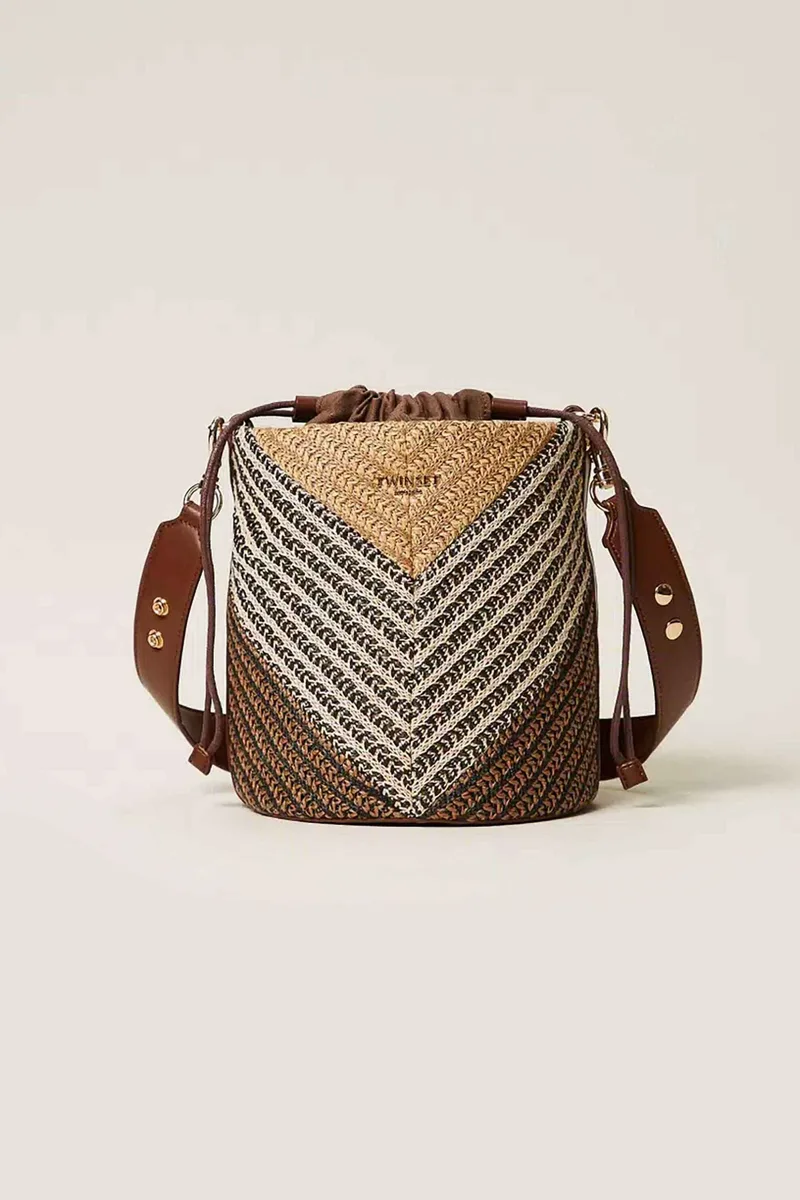 Twinset γυναικεία τσάντα bucket Jacquard raffia - 261TD8502 Καφέ