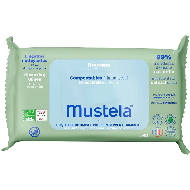 Mustela Nouveu Natural Cleansing Wipes Υγρά Μαντηλάκια Καθαρισμού Οικιακής Κομποστοποίησης 60 Τεμάχια