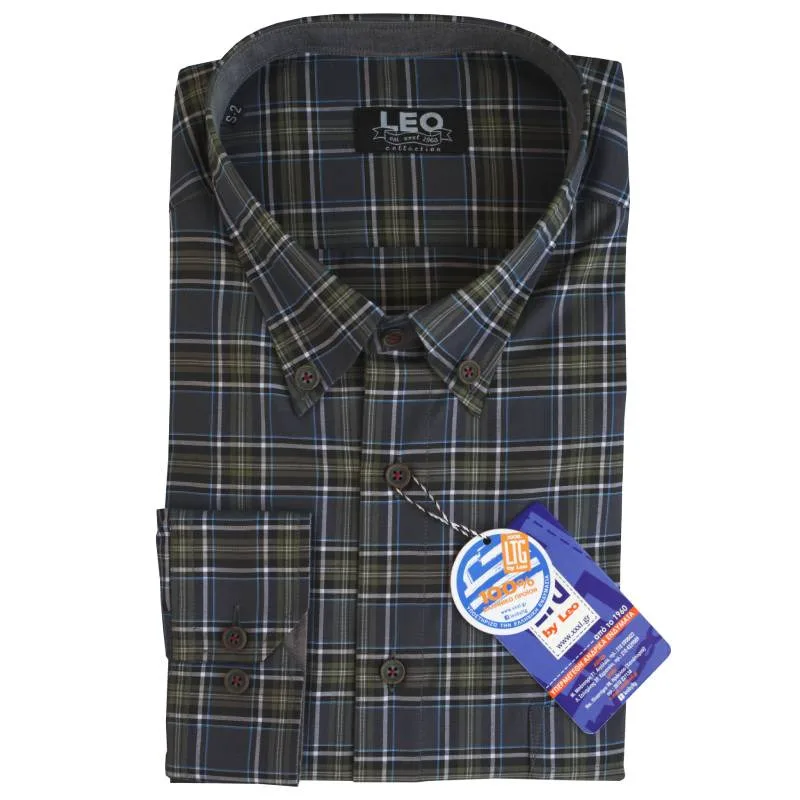 Πουκάμισο καρό γαλλικής ραφής "Grey Checked"by Leo collection - Olive/Anthracite/White