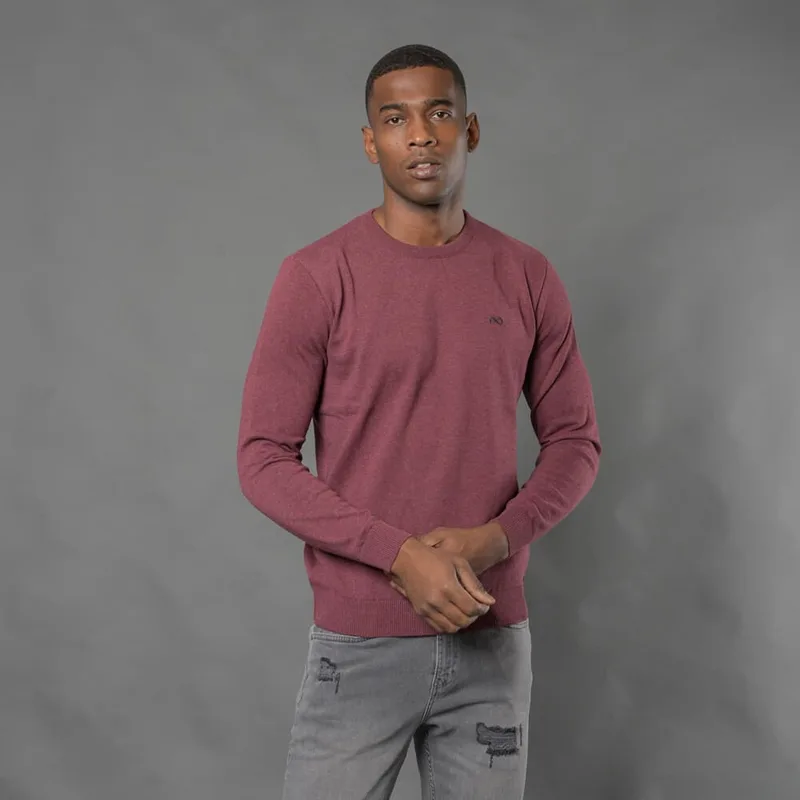 Signature Πουλόβερ Μπορντώ Μελανζέ Round Neck in Cotton (Modern Fit)