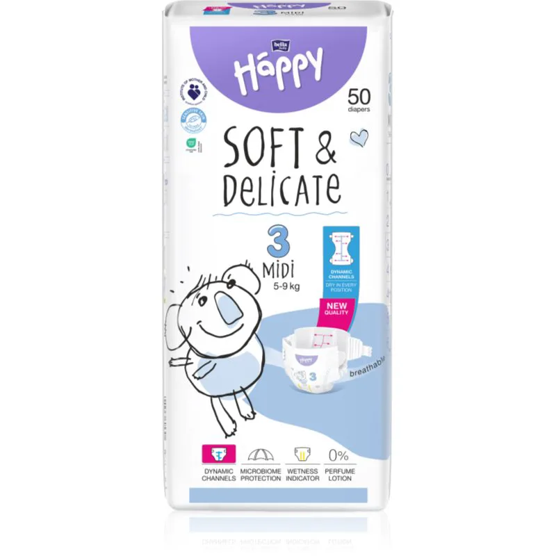 BELLA Baby Happy Soft&Delicate πάνες μίας χρήσης με κανάλια Midi 5-9 kg 50 τμχ