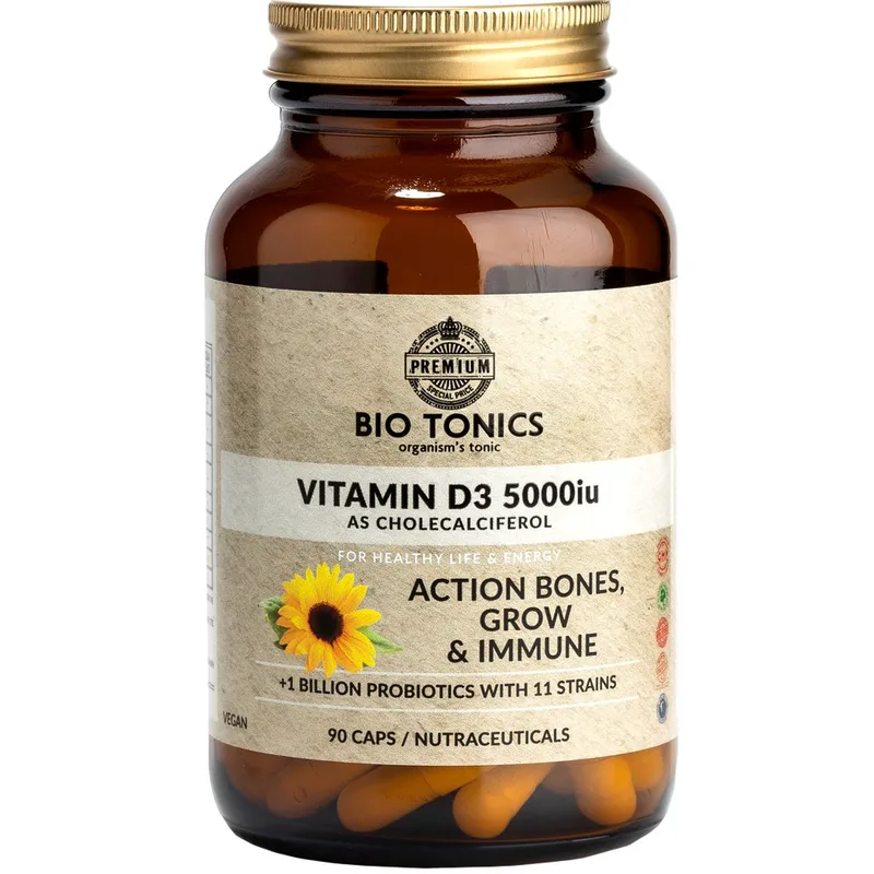 Bio Tonics Vitamin D3 5000IU wih Probiotics Συμπλήρωμα Διατροφής Βιταμίνης D3 & Μείγματος Προβιοτικών για Καλύτερη Απορρόφηση για την Καλή Υγεία Οστών, Δοντιών & Ανοσοποιητικού 90caps