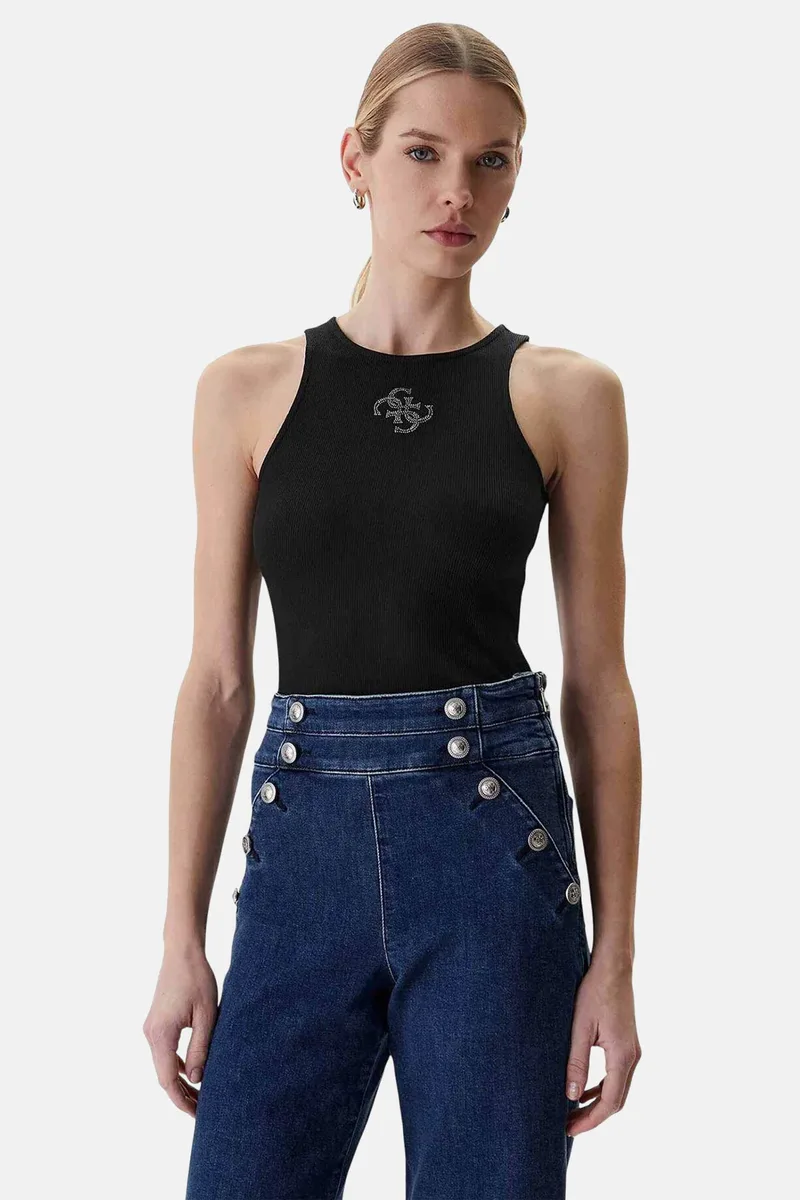 Guess γυναικείο αμάνικο τοπ με logo print ribbed Slim Fit - W6RP39KD092 Μαύρο