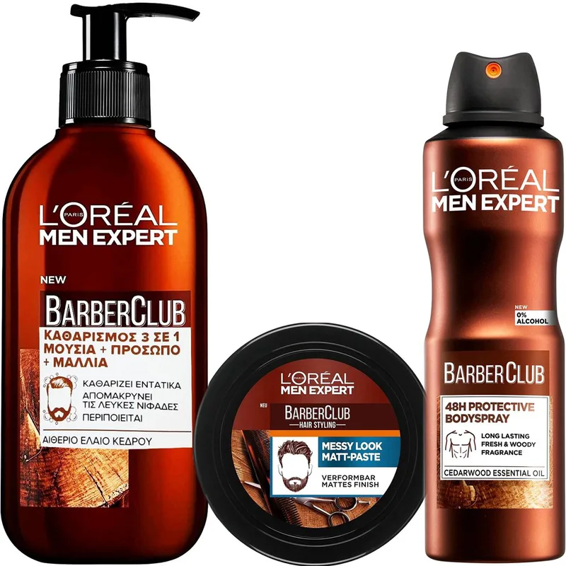 Σετ L'Oreal Paris Men Expert Barber Club Beard, Face & Hair Wash Gel 200ml & Messy Hair Molding Clay 75ml & 48h Protective Body Spray 150ml