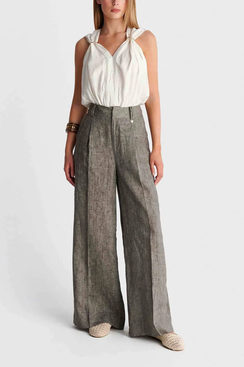 'ALE γυναικείο λινό παντελόνι Wide Leg - 8923189 Ανθρακί