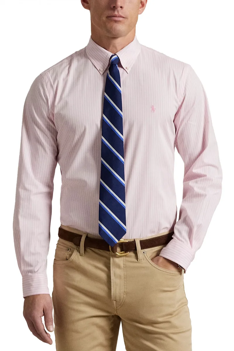 RALPH LAUREN ΠΟΥΚΑΜΙΣΟ ΡΙΓΕ BUTTON DOWN CUSTOM FIT ΡΟΖ-ΛΕΥΚΟ