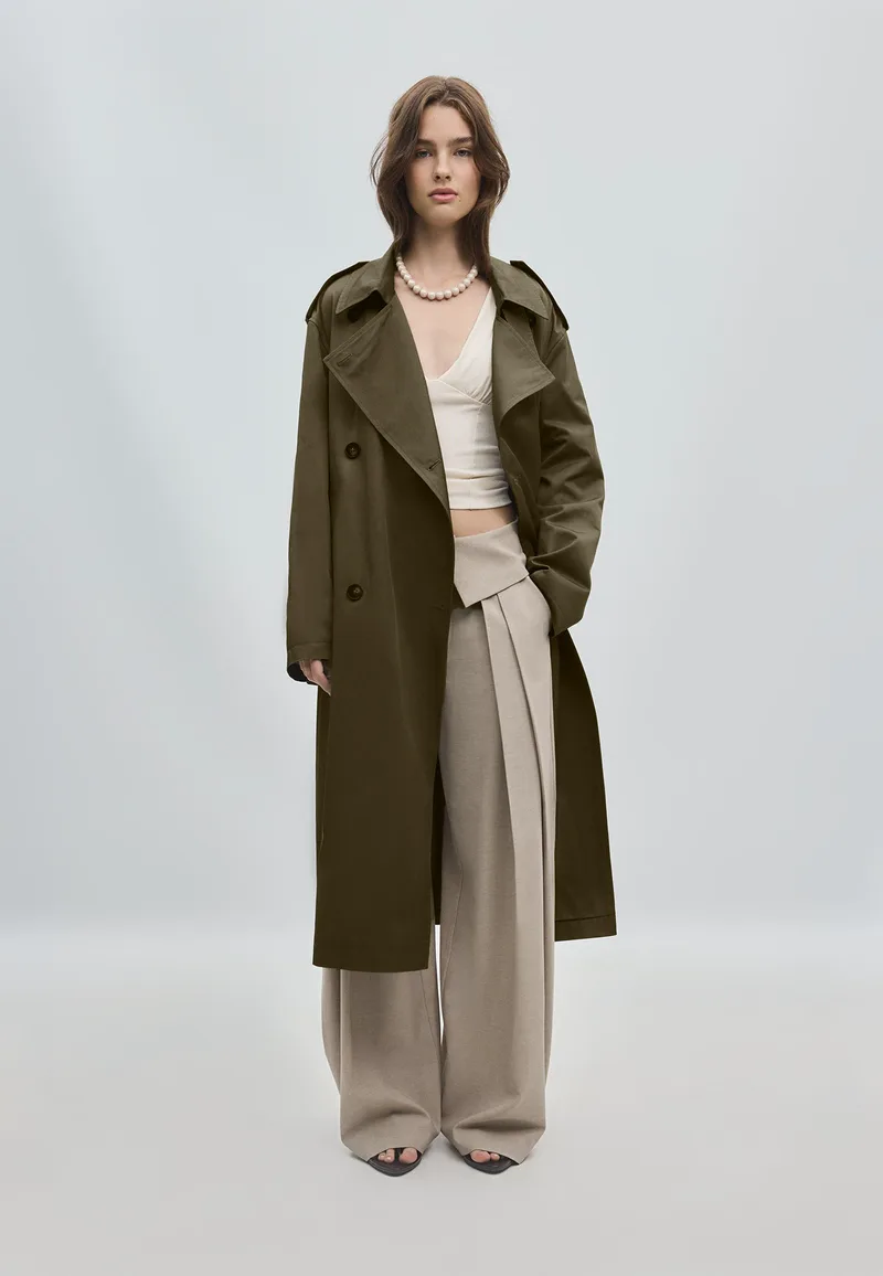 Stradivarius Βασικό Μακρύ Trench Χακί Xs