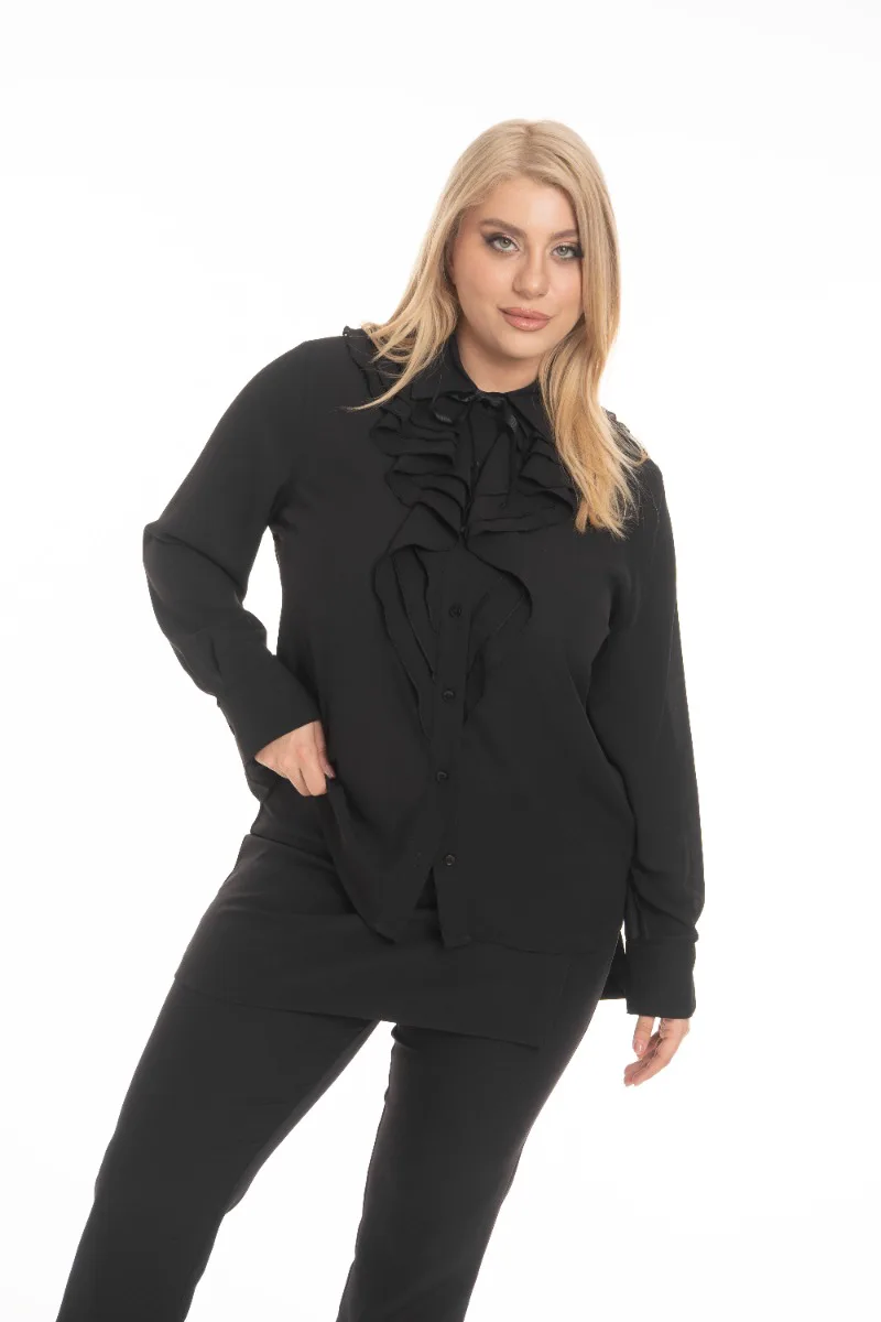 Πουκάμισο plus size με βολάν στο γιακά και φιόγκο σε μαύρο χρώμα