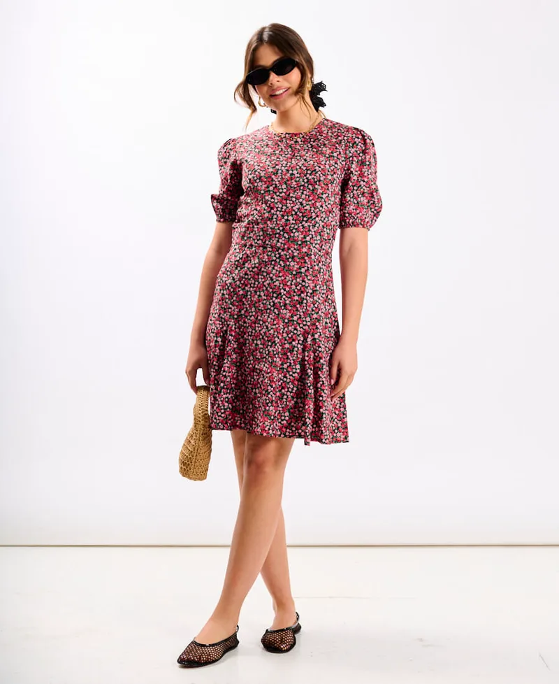 Red Floral Puff Sleeve Mini Dress | Clothing Size: 10