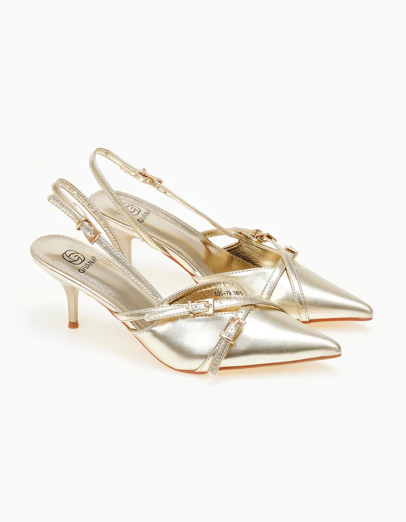 Slingback μυτερές γόβες με λεπτό τακούνι - Χρυσό