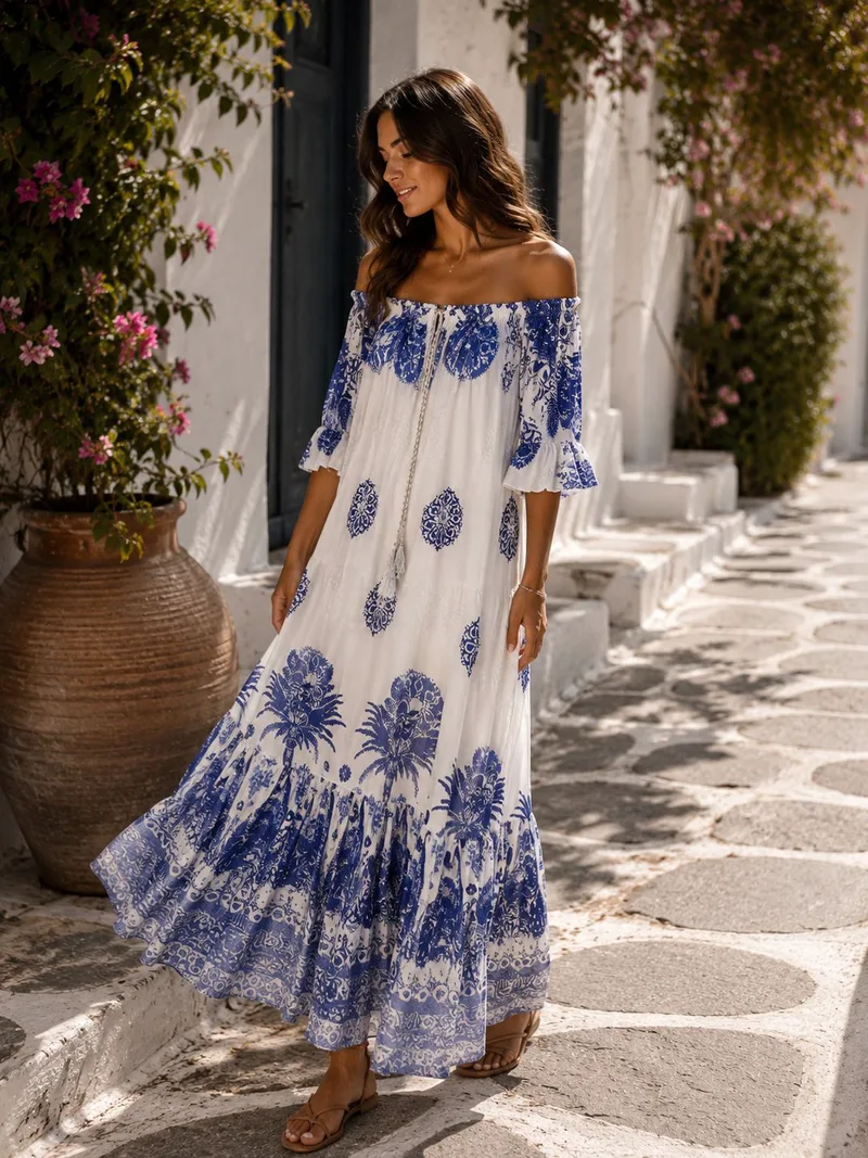 Boho Maxi Φόρεμα Off Shoulder Με Ethnic Print - Μπλε | Dress Up Μπλε