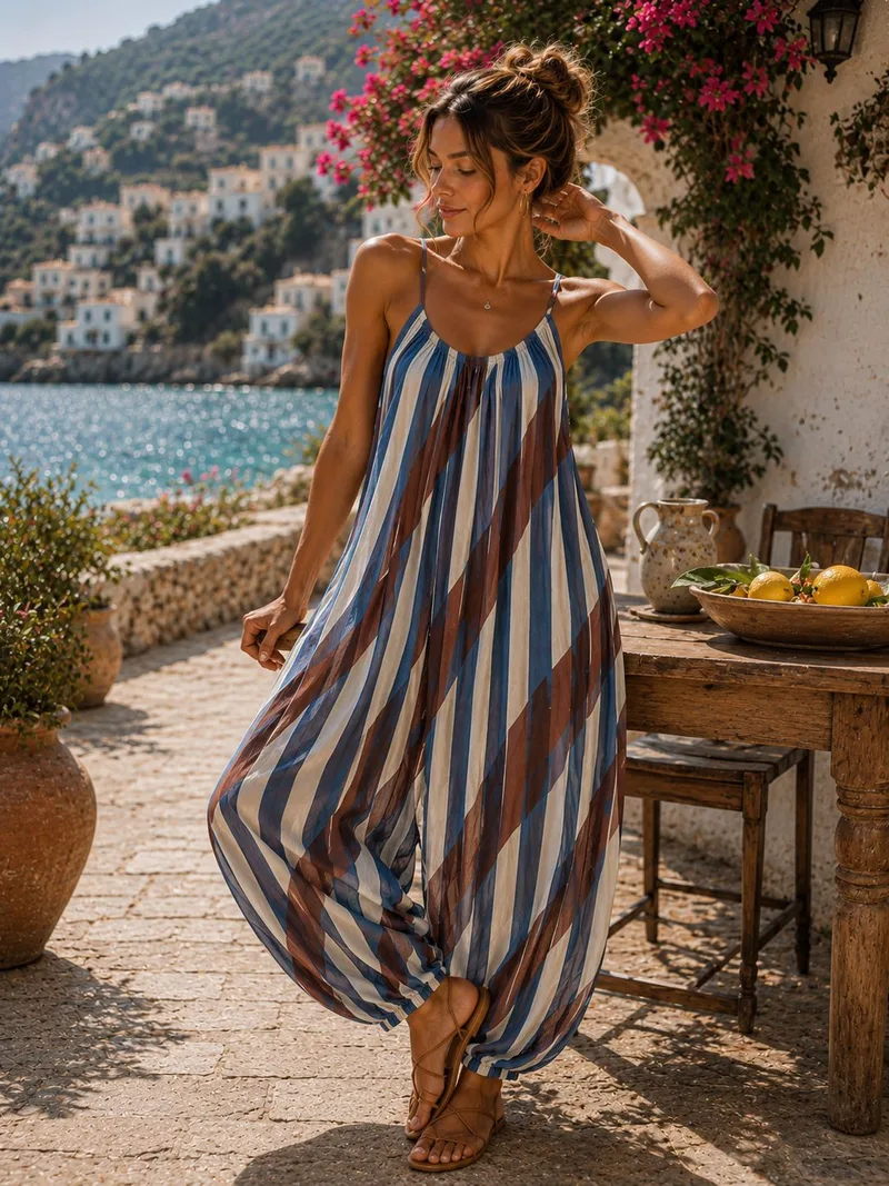 Ολόσωμη Ριγέ Φόρμα Boho με Τιράντες και Balloon Γραμμή - Σιέλ | Dress Up Σιέλ