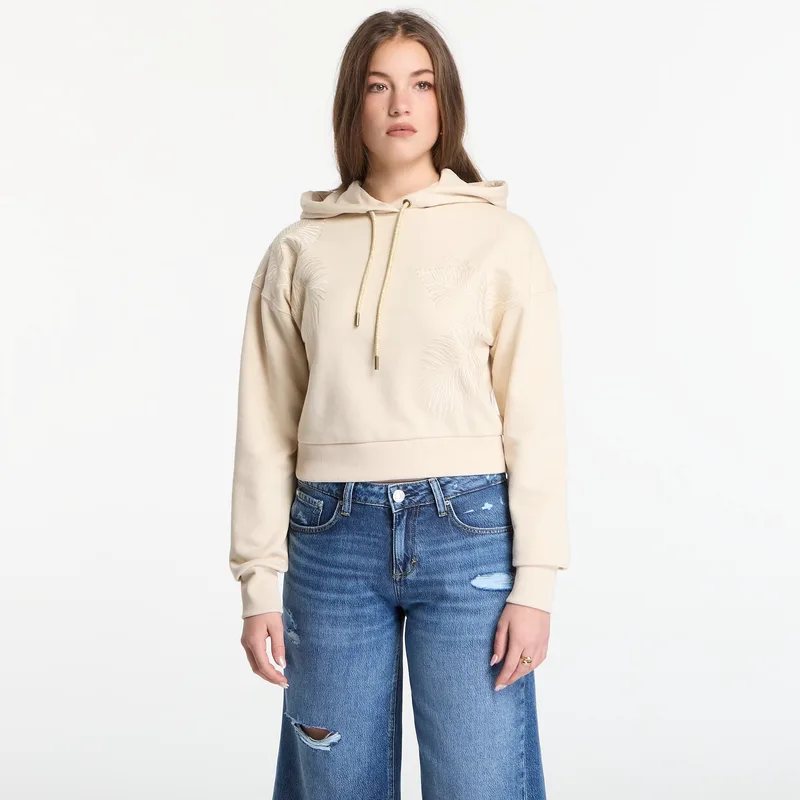 Φούτερ Guess Jeans Ls Hooded Leaves Crop Sweatshirt Pearl Oyster M