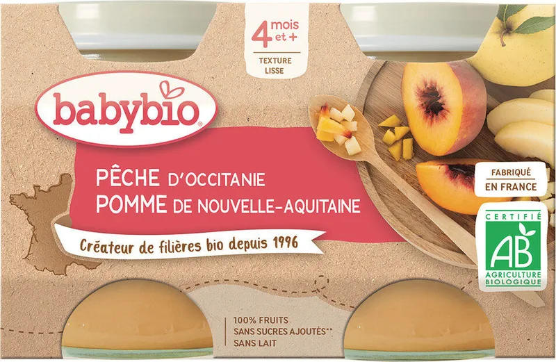 Babybio Fruit Jars - 4 months and more - Peach, Apple - ORGANIC 2x130 g