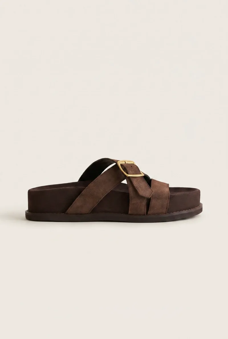 IRIS Flatform Buckle Sandals - RYNA - Καφέ Σουέτ