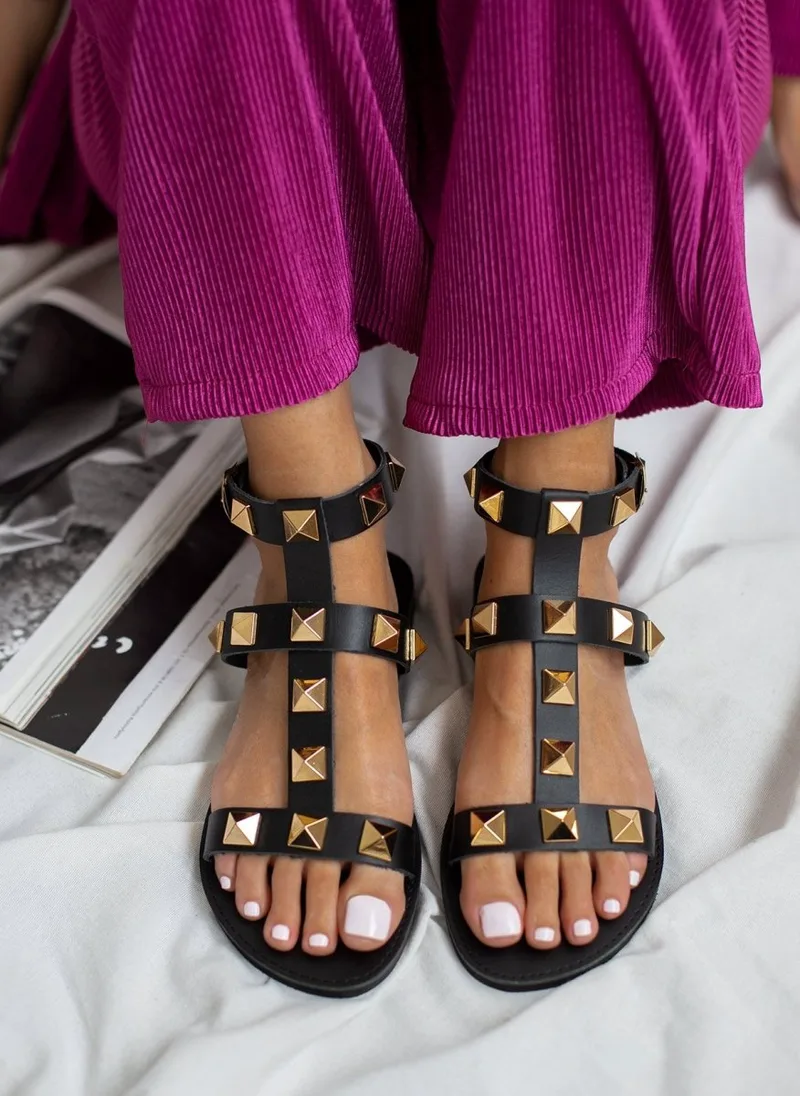 Estil Leather Sandals Metal Studs - 64 - Black