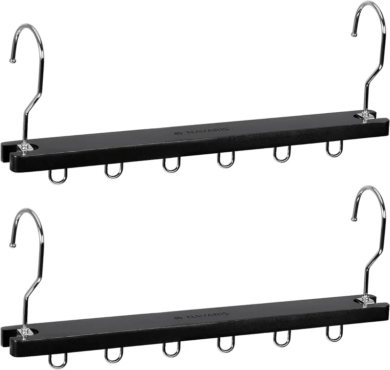 Navaris Multifunctional Wooden Clothes Hanger - Σετ με 2 Κρεμάστρες Ρούχων 6 Θέσεων από Ξύλο Γλυκάνισου και Ανοξείδωτο Ατσάλι για Ράγα Ντουλάπας - Black (56081.02.01)