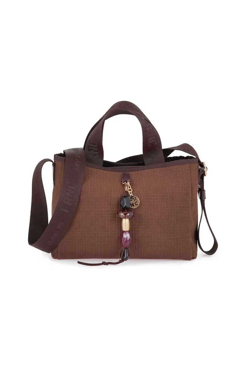 FRNC γυναικεία τσάντα χειρός/crossbody με διακοσμητικό μπρελόκ - W618R5589501 Καφέ