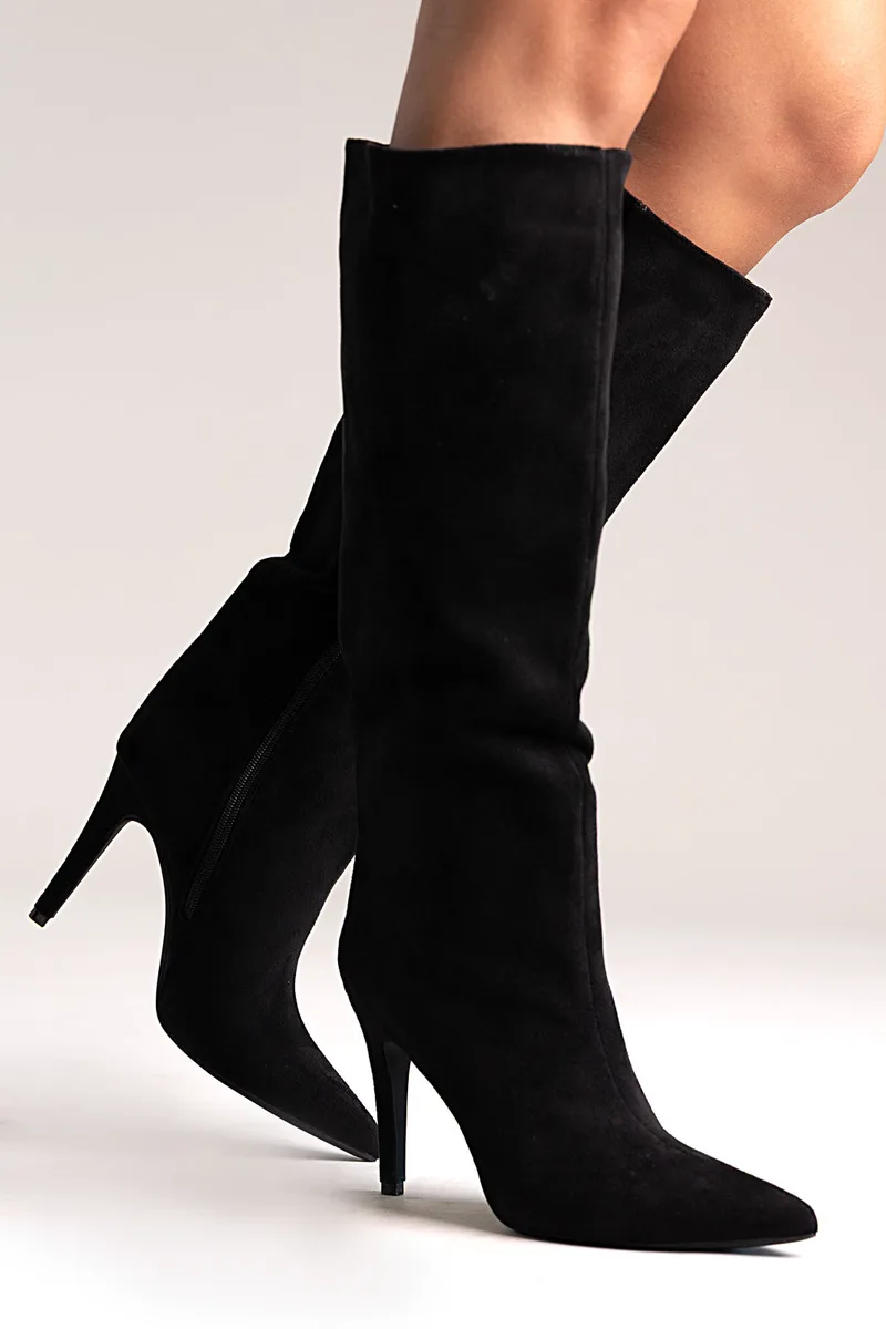 Ideal shoes Pointed Suede Boots with Stiletto Heel - 2528A-1 - Black Suede