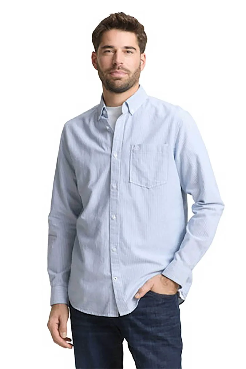 Tom Tailor ανδρικό πουκάμισο button down με τσέπη και κεντημένο λογότυπο Regular Fit - 1042640 Σιελ