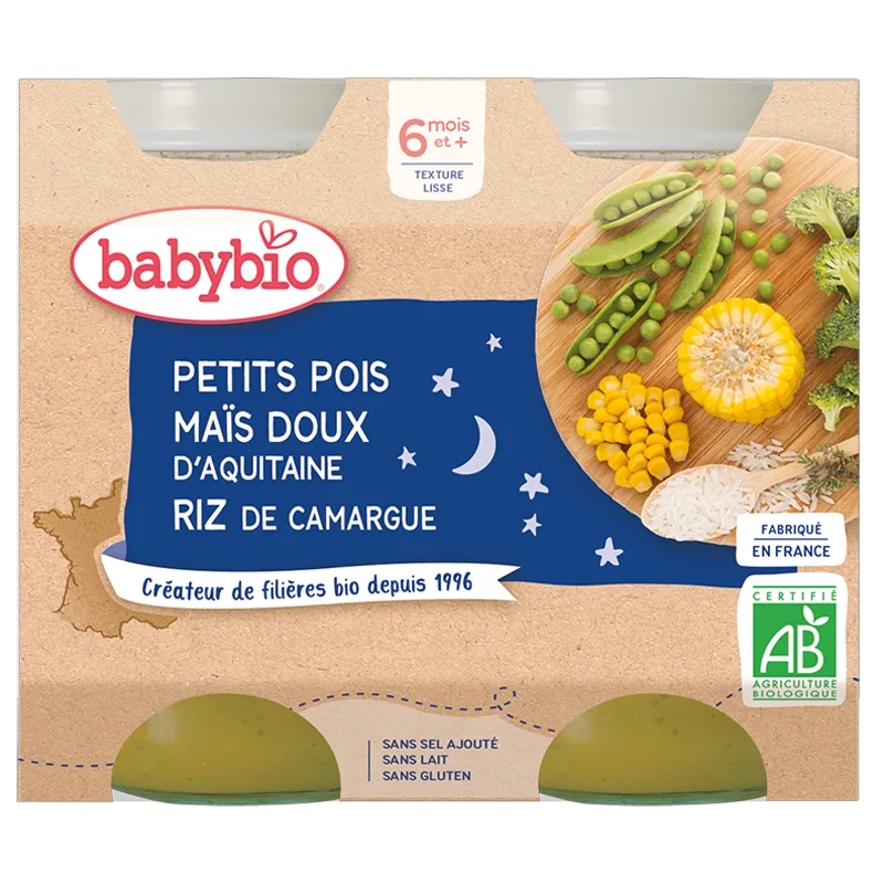 Babybio Dinner Pots - 6 months and more - Peas, Sweet Corn, Rice - ORGANIC 2x200 g