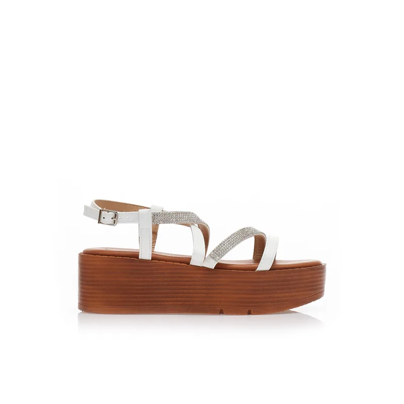 Flatforms λευκά δερματίνη με λουράκια από στρας ΛΕΥΚΟ