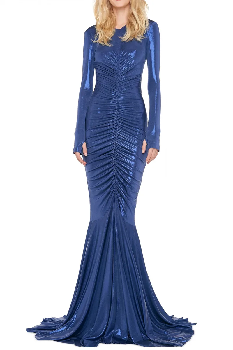 NORMA KAMALI ΦΟΡΕΜΑ FISHTAIL GOWN ΕΛΑΣΤΙΚΟ ΜΕΤΑΛΛΙΖΕ ΜΠΛΕ