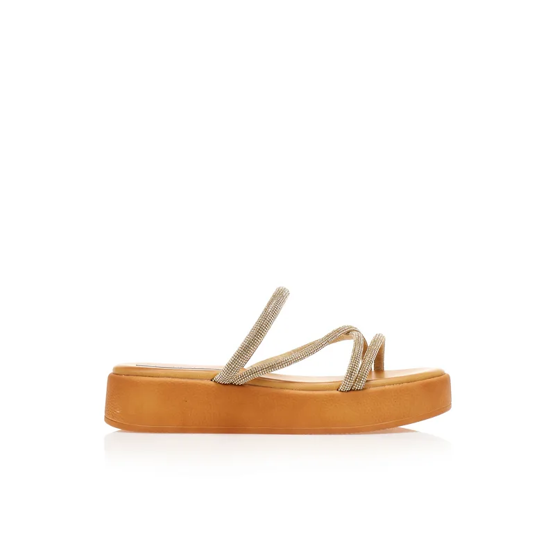 Flatforms TSOUKALAS χρυσά δερματίνη με λουράκια από στρας ΧΡΥΣΟ