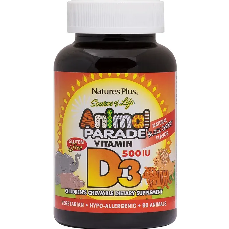 Natures Plus Animal Parade Vitamin D3 500IU Συμπλήρωμα Διατροφής Βιταμίνης D3 για την Καλή Λειτουργία των Οστών & Ανοσοποιητικού με Γεύση Μαύρο Κεράσι 90 Chew.tabs