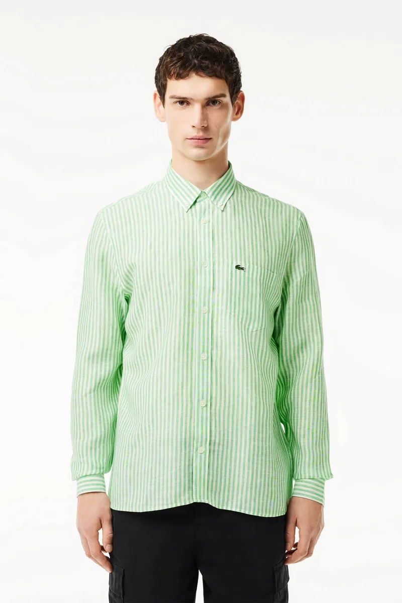 Lacoste ανδρικό λινό πουκάμισο με ριγέ σχέδιο και τσέπη με κεντημένο λογότυπο Regular Fit - CH6985 Πράσινο Ανοιχτό