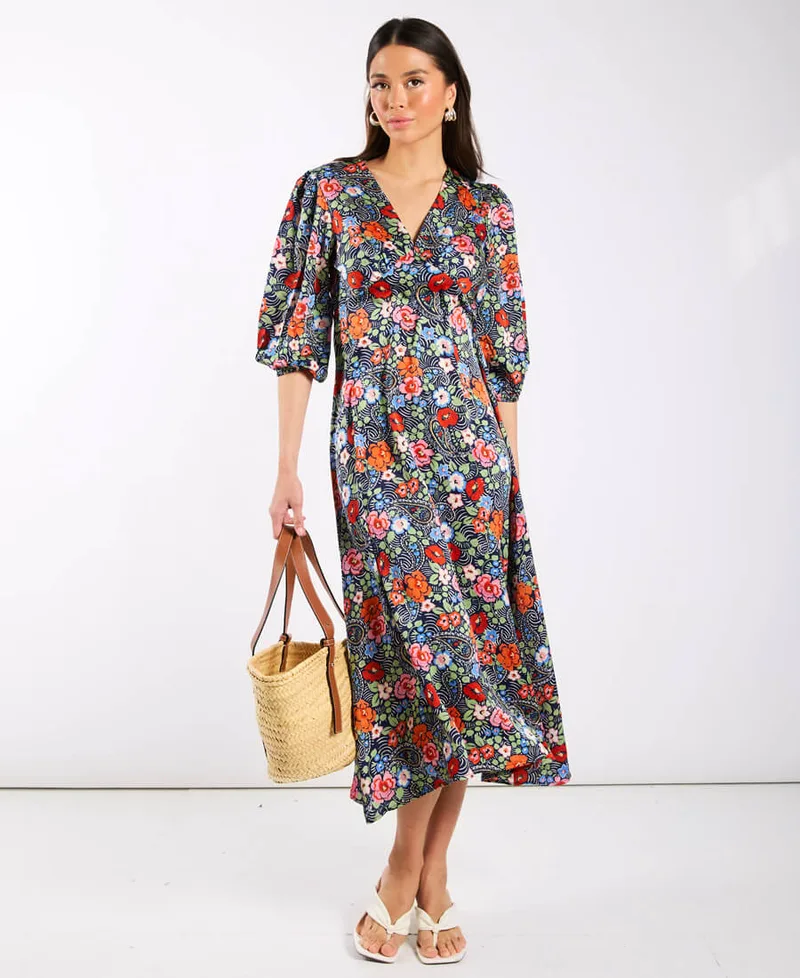 Multicoloured Floral Satin Midi Dress | Size: 10