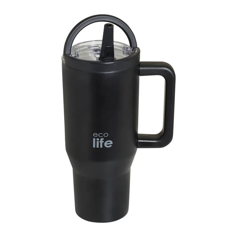 EcoLife Θερμός Ποτήρι Ανοξείδωτο 2 Handles Rich Black Με Καλαμάκι 900ml