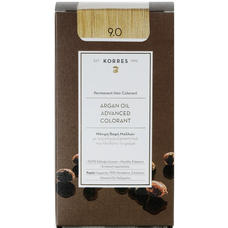 Korres Argan Oil Βαφή Μαλλιών Χωρίς Αμμωνία με Τεχνολογία Pigment-Lock που Κλειδώνει το Χρώμα 1 Τεμάχιο - 9.0 Κατάξανθο Φυσικό