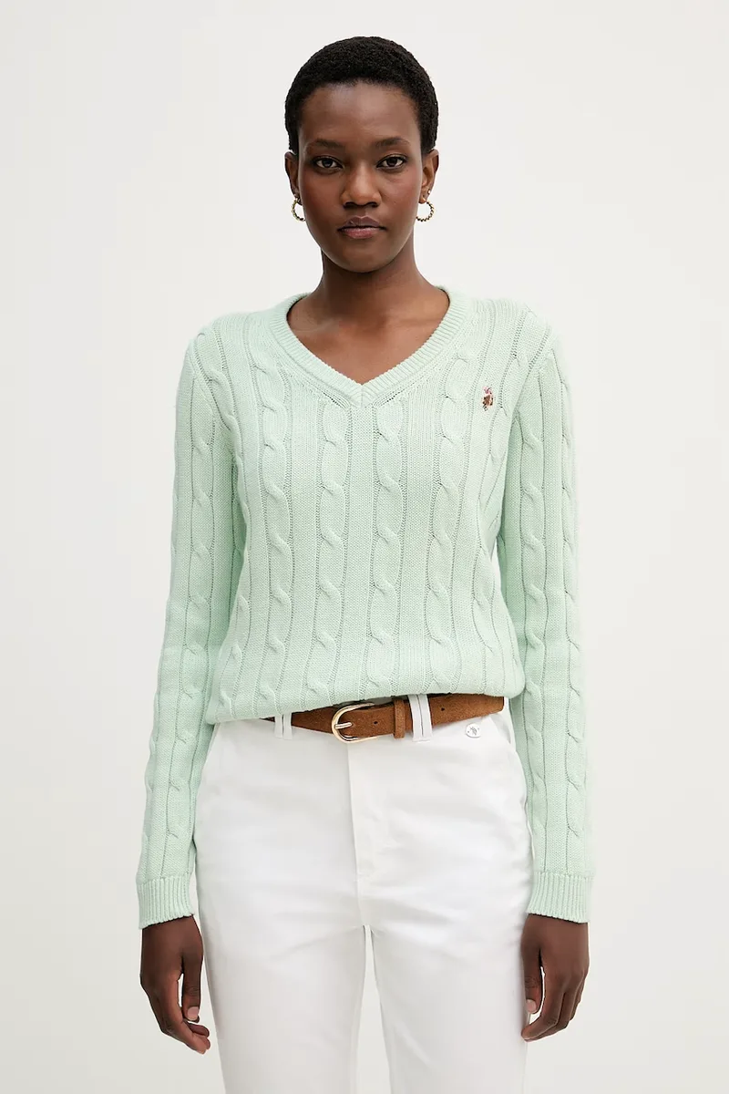 U.S. Polo Assn. πουλόβερ γυναικείο βαμβακερό V-NECK CABLE