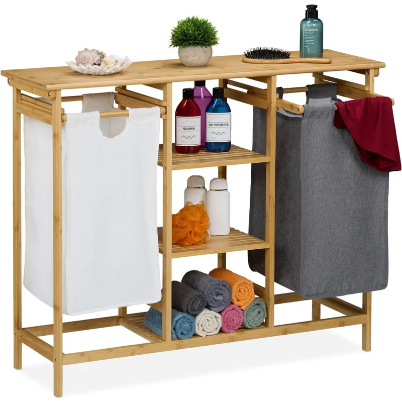 Καλάθια Απλύτων Relaxdays Laundry Basket Rack με 4 Ράφια από Μπαμπού 80 x 100 x 32 cm - Natural / Grey / White (10050451)