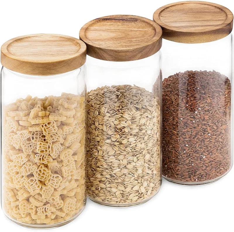 Navaris Glass Storage Jars 950ml Set of 3 - Σετ 3 Στρογγυλά Γυάλινα Βάζα Αποθήκευσης με Καπάκι από Ξύλο Ακακίας - 950ml - Clear (54492.01.03)
